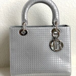 Christian Dior Cannage Silver Leather Lady Dior Medium Tote Bag